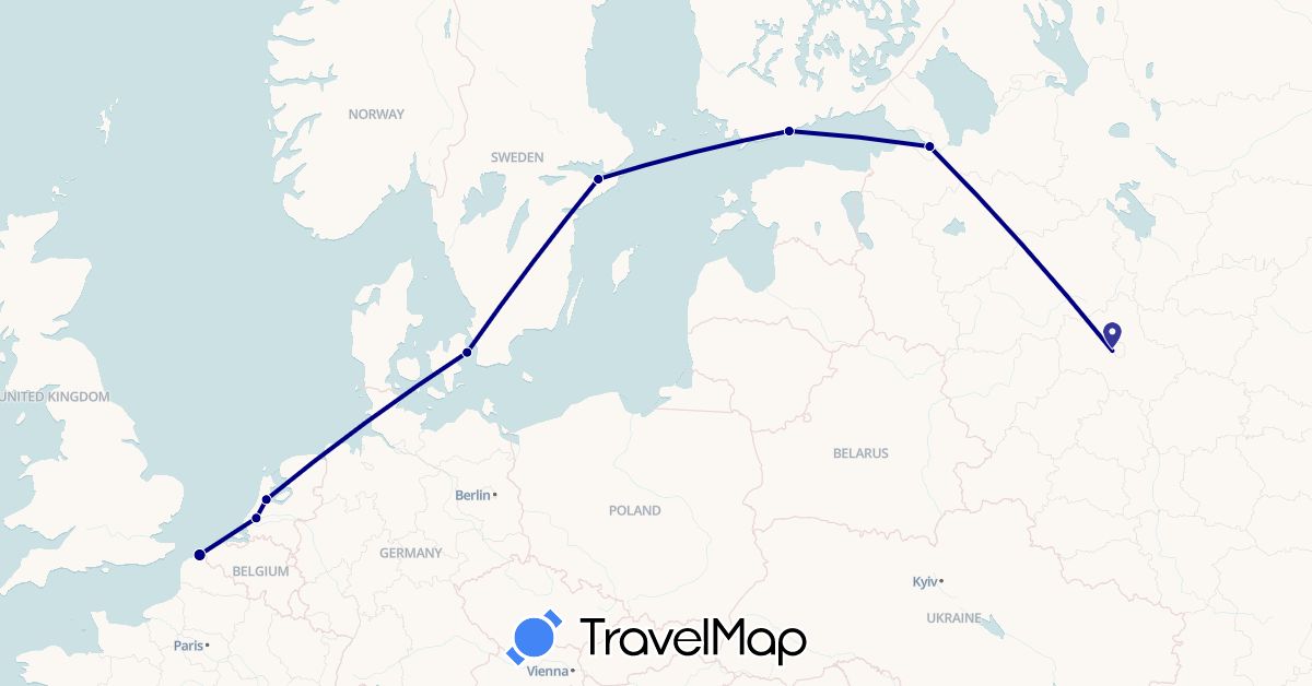 TravelMap itinerary: driving in Denmark, Finland, France, Netherlands, Russia, Sweden (Europe)